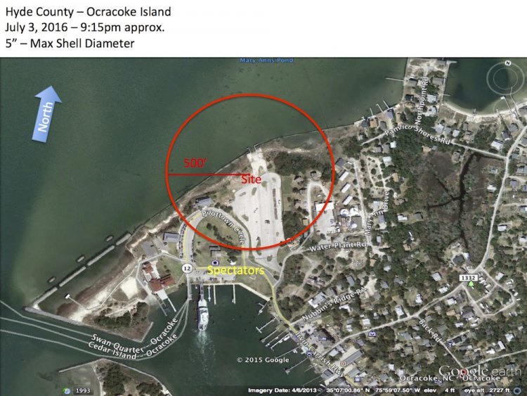 This image shows the setback circle for a 500' display. There's no private property within the circle. All buildings that fall within the circle (all of which are on state or federal property) will be temporarily evacuated during the fireworks display. 